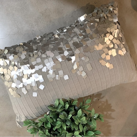 Gray Accent Pillows Set of Two with Silver Sequins Rectangle/Lumbar and Square - Picture 1 of 6
